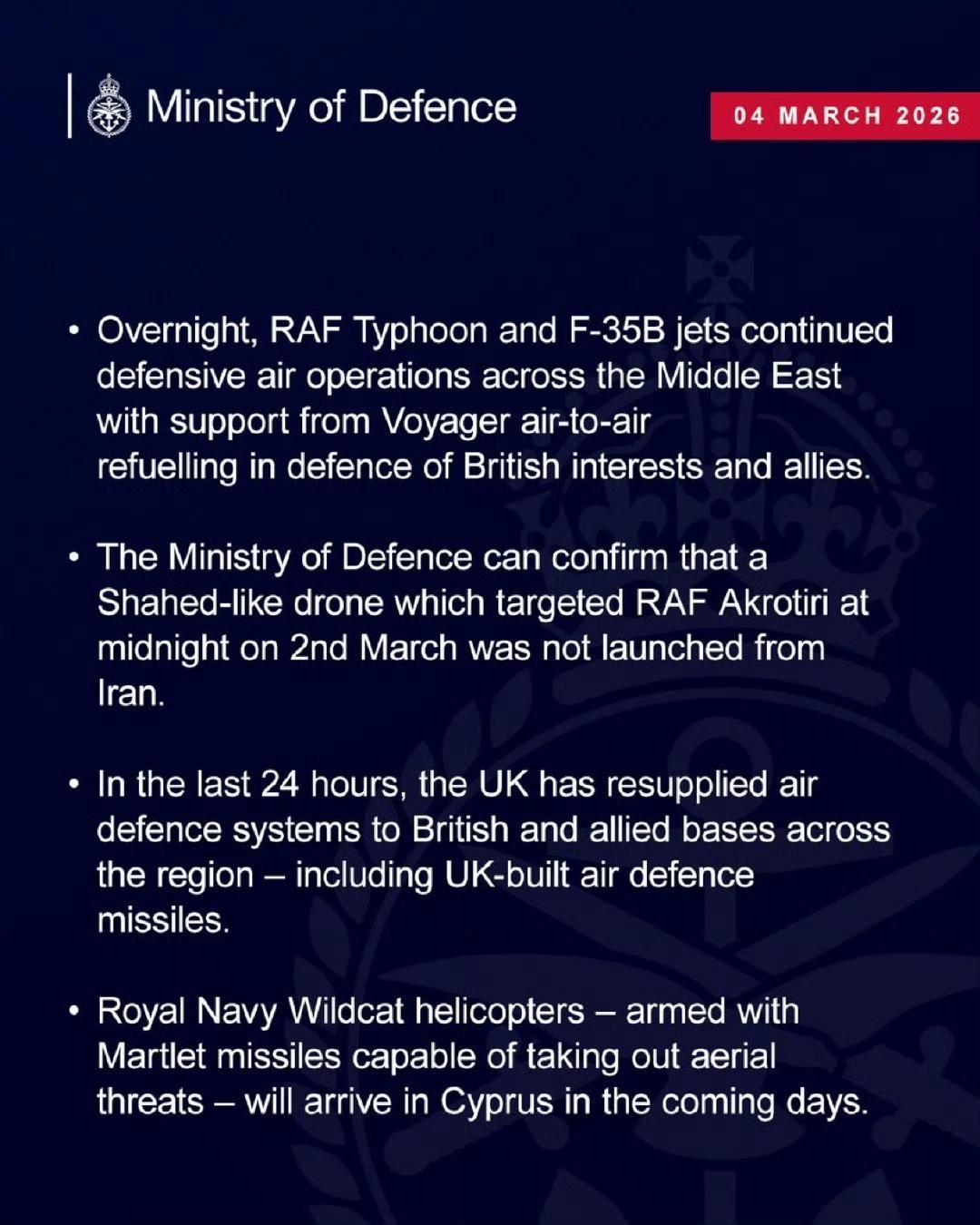 英国国防部表示，袭击塞浦路斯阿克罗蒂里英国皇家空军基地的无人机并不是从伊朗发射的