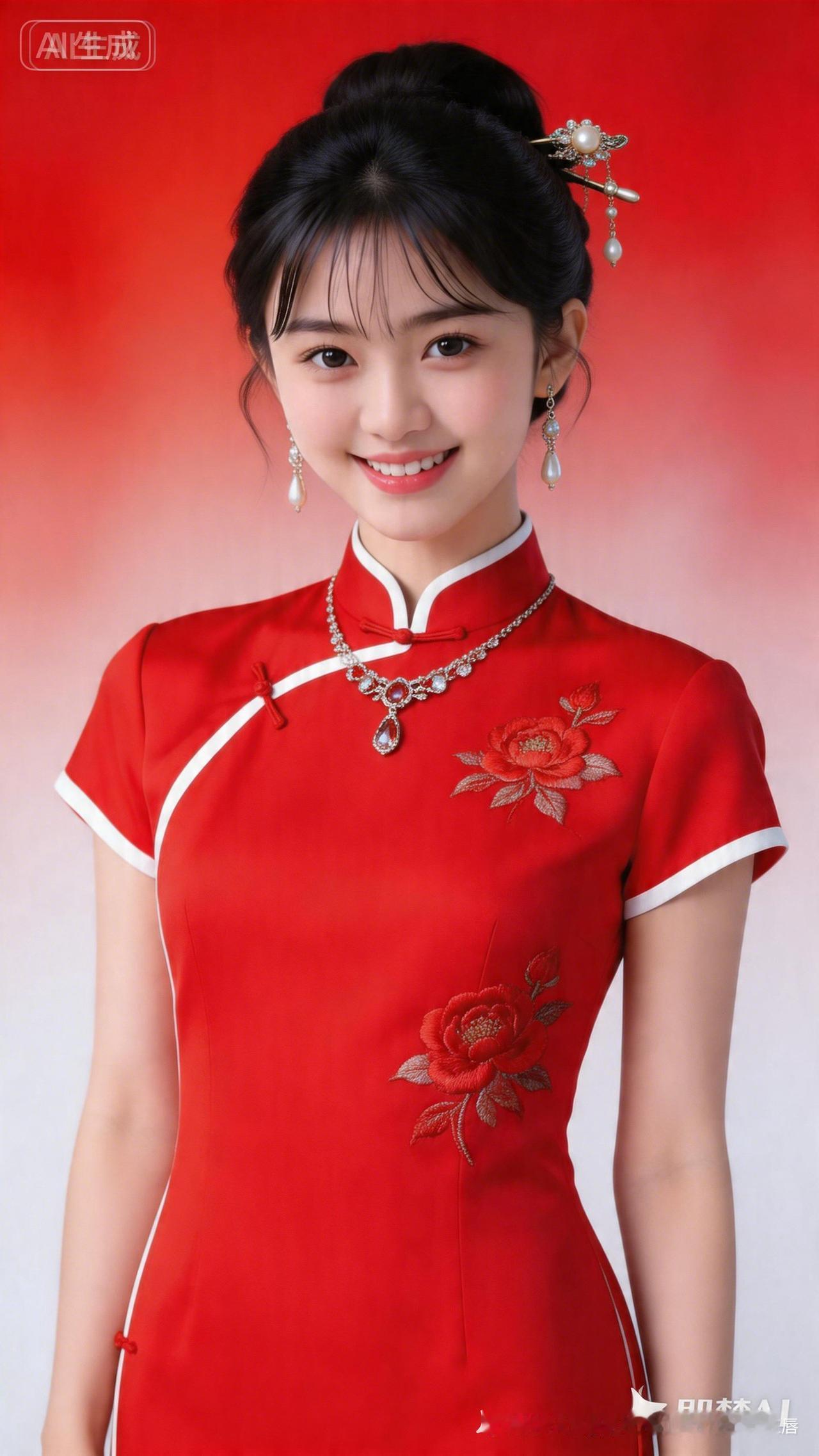 绝色美人全身身姿晶莹如玉，身着红底白边手工刺绣短袖旗袍，盘发微乱配高档发饰珠宝，