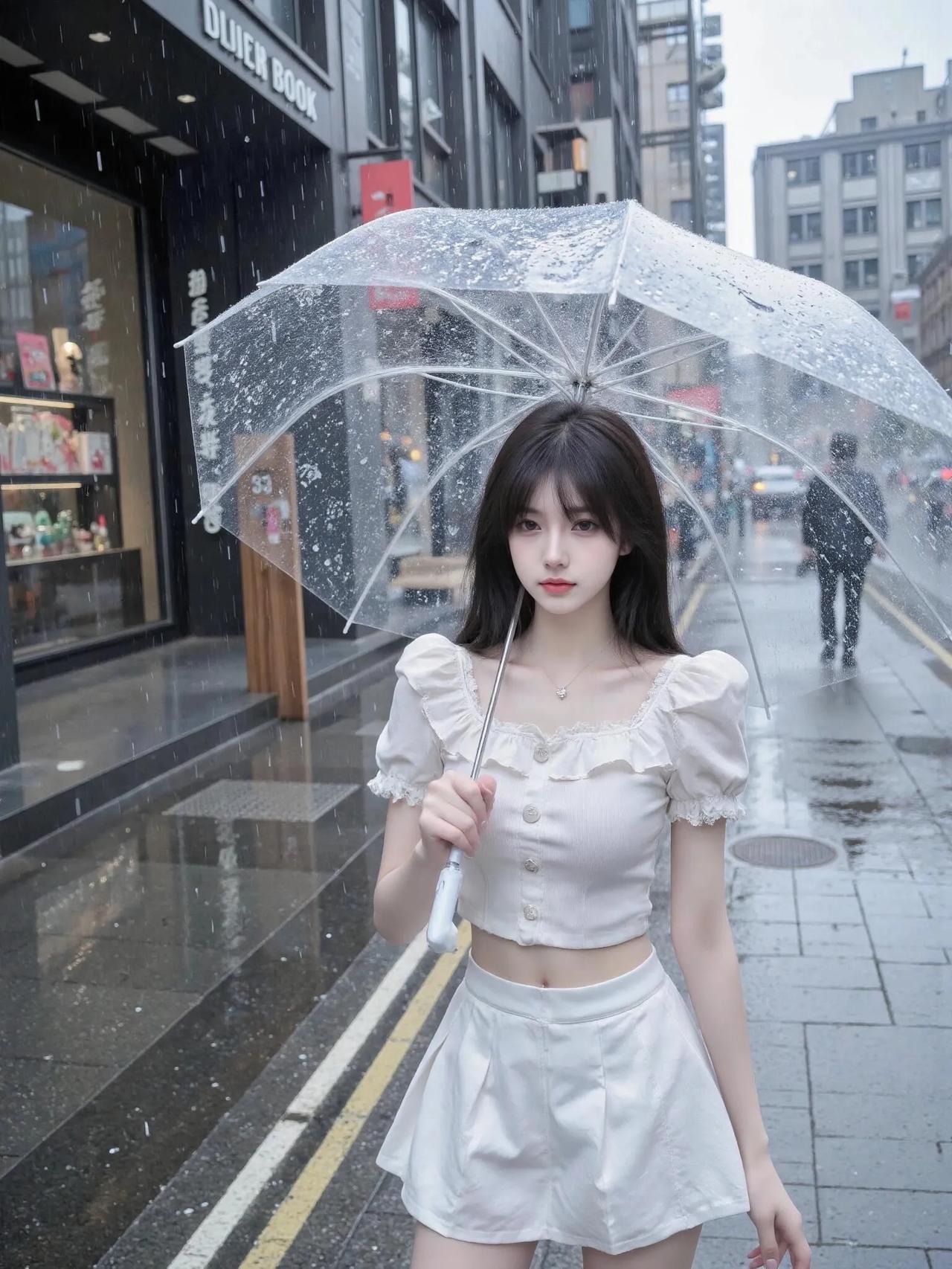 雨中少女撑伞街头
