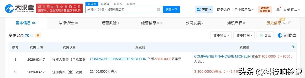 【米其林中国投资公司增资至3.19亿美元 增幅约42%】
天眼查工商信息显示，近