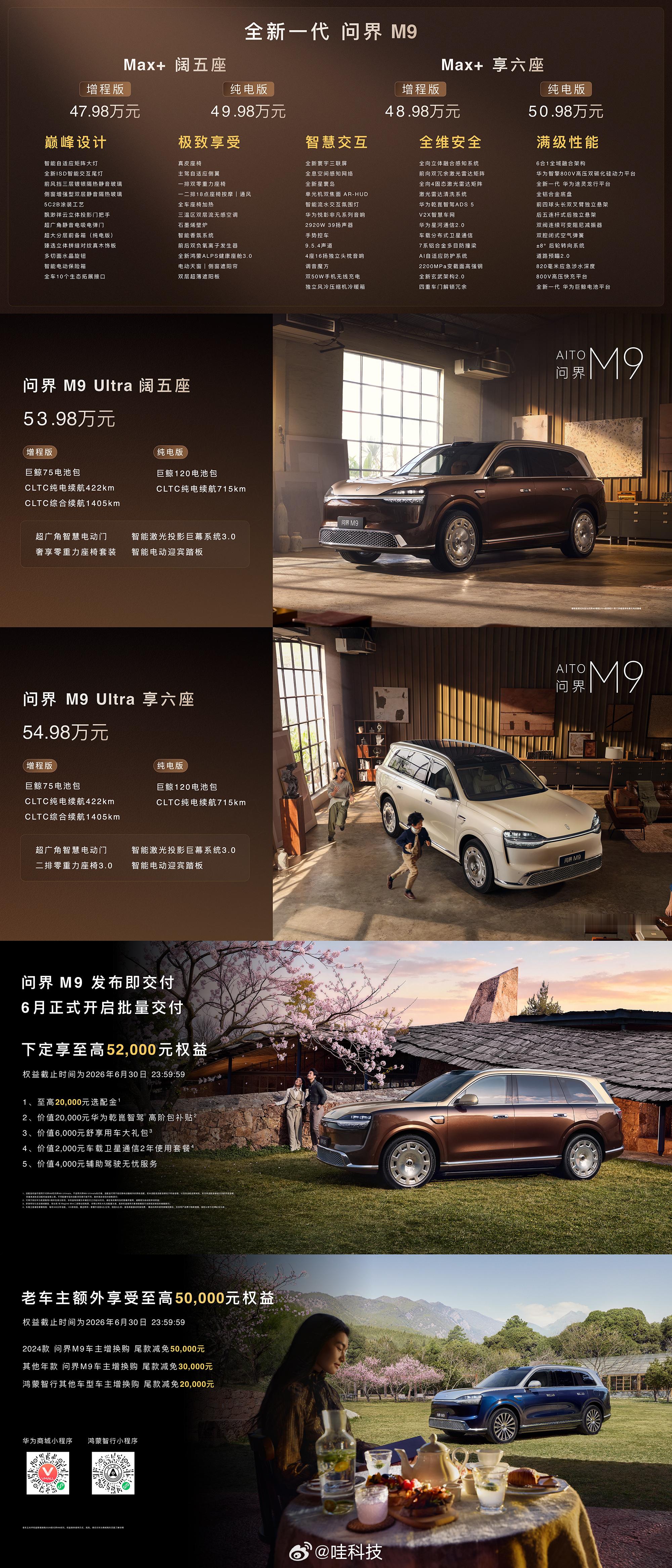 全新问界M9售价47.98至65.98万元      全新一代问界M9发布即交付