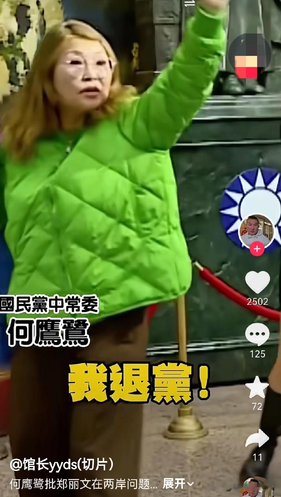 何鹰鹭因为看不惯郑丽文模棱两可的两岸立场，愤而提出要退出国民党。
总感觉郑丽文就