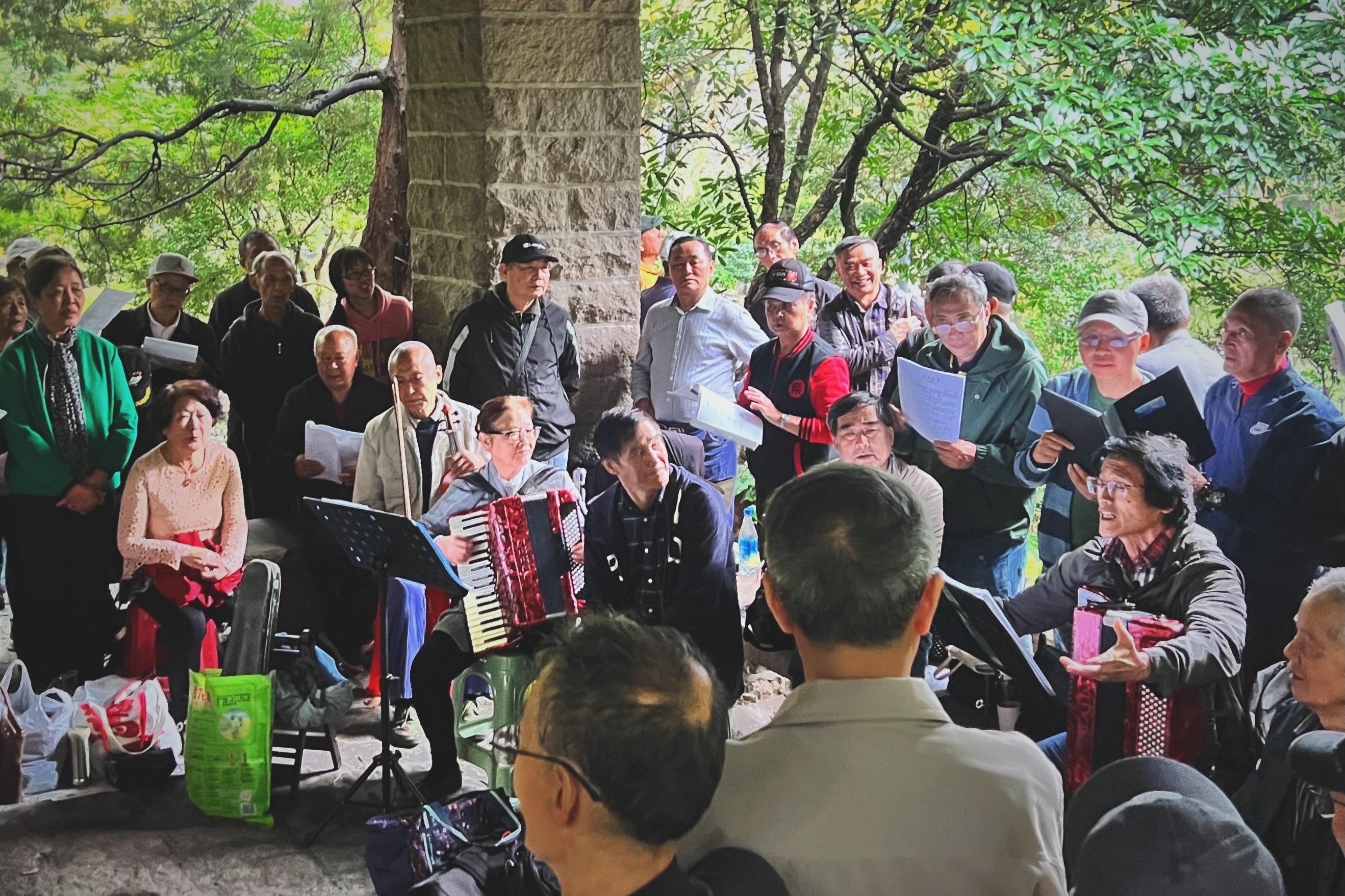在鲁迅公园听老人们唱歌。意犹未尽的阿姨：『十一点半了，赶不回去了，我那内口子要让