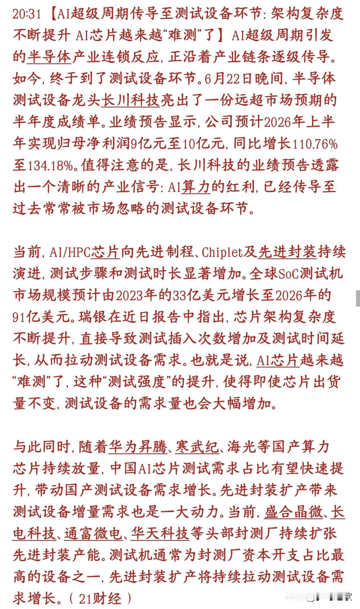 芯片半导体景气度向下传导，测试设备或成为A股下一个主线
AI大火的红利，现在轮到