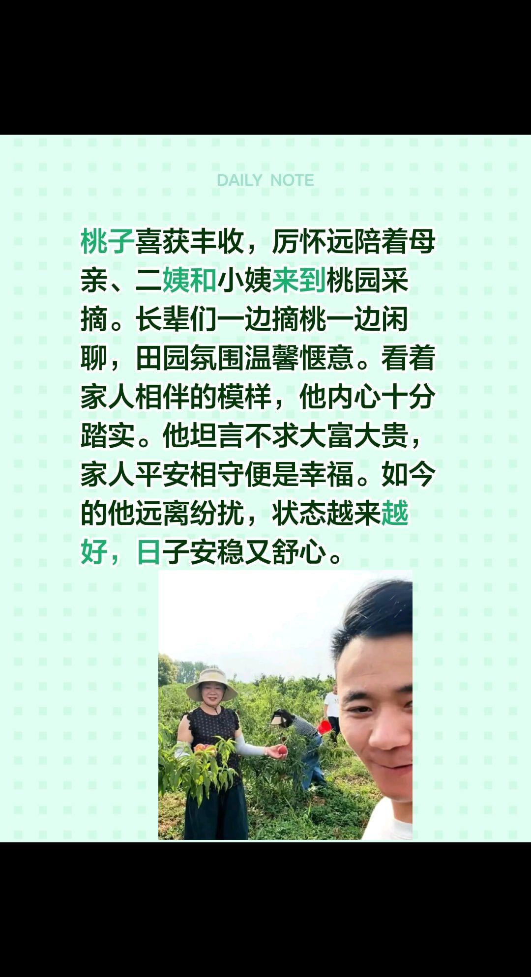 桃子喜获丰收，厉怀远陪着母亲、二姨和小姨来到桃园采摘。长辈们一边摘桃一边闲聊，田