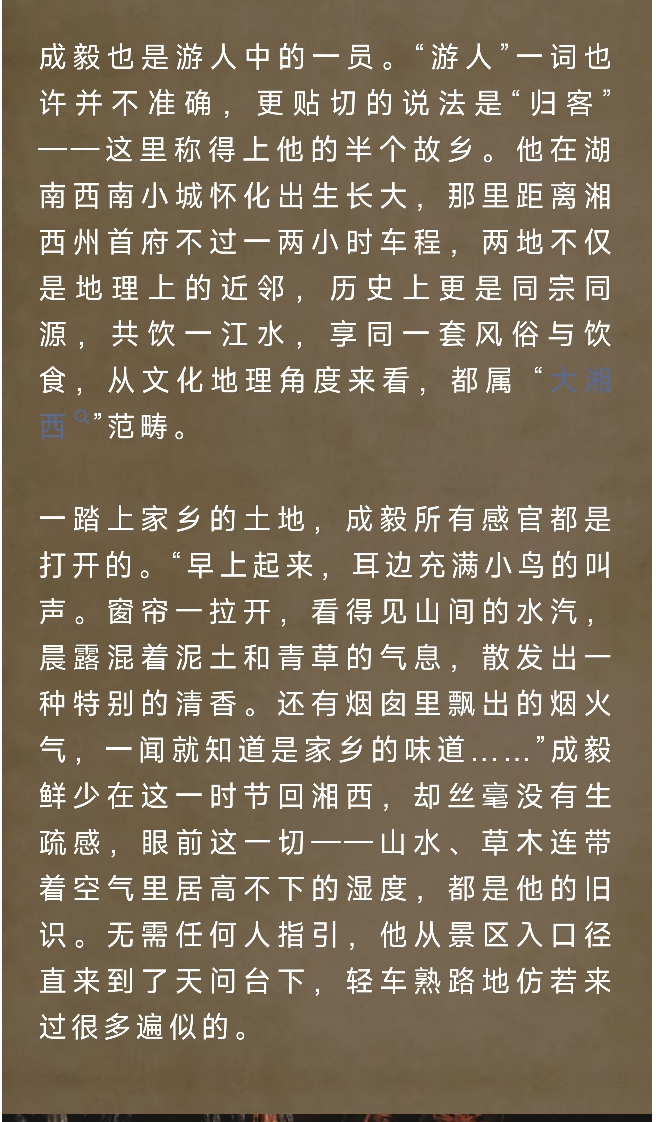 悦游杂志对成毅的这篇采访落笔克制、文风质朴，字里行间铺展开湖南的烟火与山光！🍃