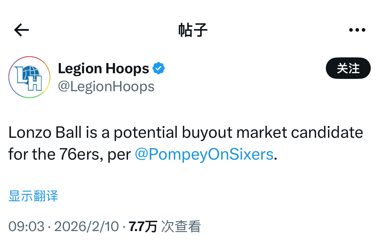 据随队记者Keith Pompey消息透露，朗佐·鲍尔可能成为费城76人队买断市