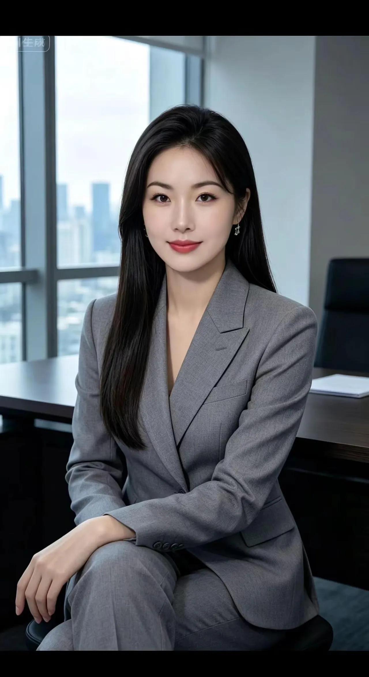 这位美女穿着灰色西装，坐在办公室里。