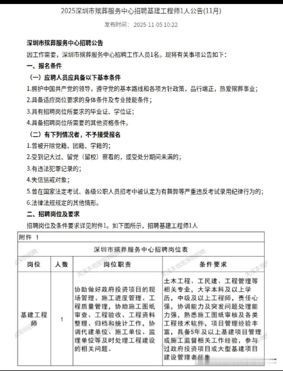 基建工程师新风口！深圳殡葬服务中心招贤，这赛道你敢冲吗
 
深圳又出神仙岗位！殡