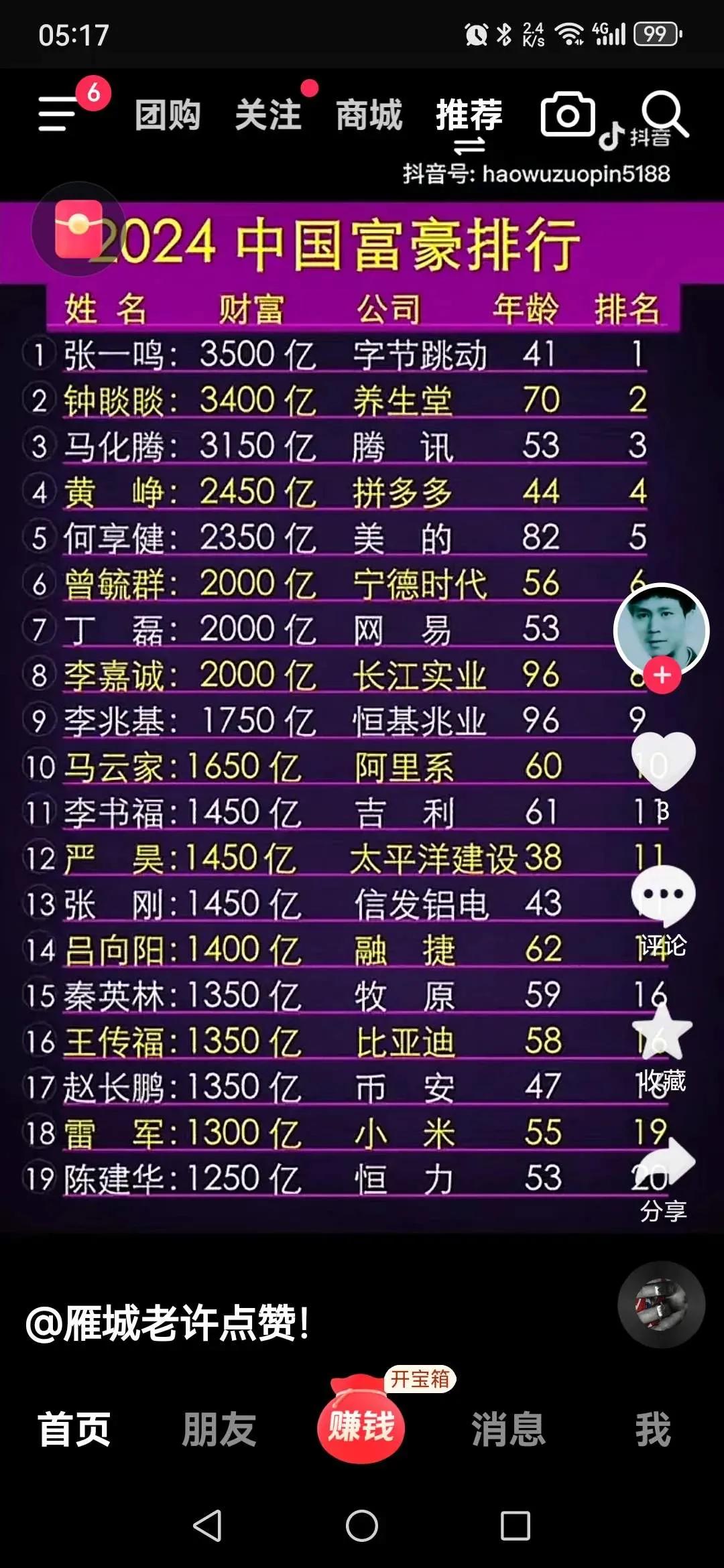 2024中国富豪排行榜！
张一鸣3800亿，排名第一，才41岁，真是年轻有为！