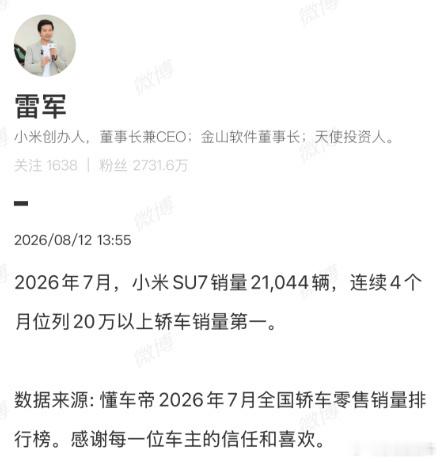 雷军回应小米SU7七月销量小米su7月销21000多台，这成绩确实亮眼，无容置疑