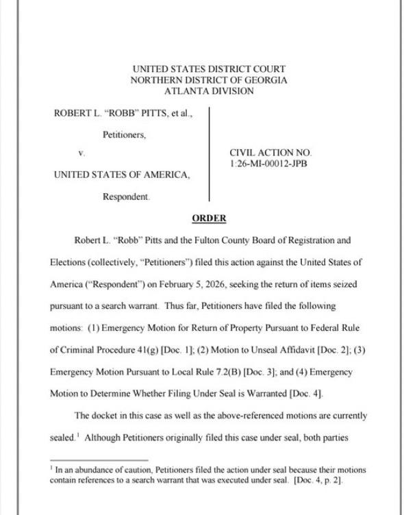 美国一名联邦法官命令司法部解封联邦调查局1月份没收乔治亚州富尔顿县选举记录背后的