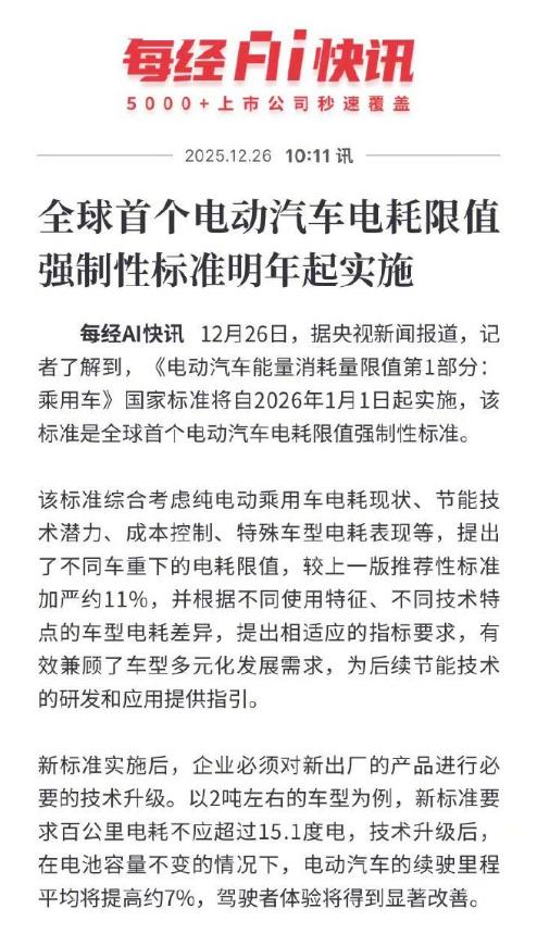 2026年电车电耗强制标准来了，全球首个够有分量。2吨主流车型百公里电耗≤15.
