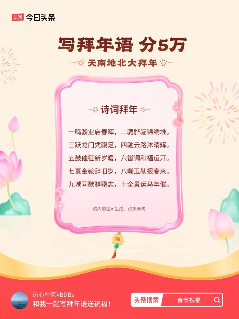 写拜年语送祝福新春拜年送祝福！我的祝福是：“一鸣骏业启春晖，二骋骅骝锦绣堆。三跃
