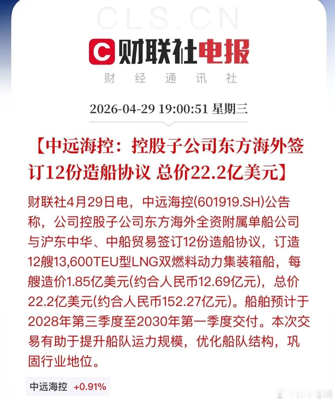 一季度净利腰斩仍斥152亿造船！中远海控逆势布局藏深意财经﻿今日看盘a股 盘后资