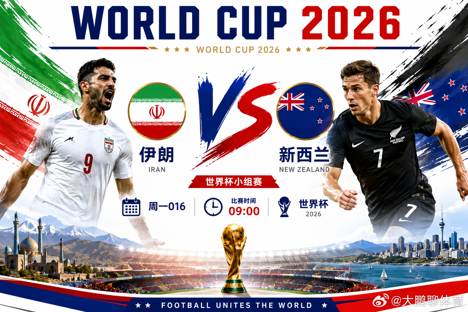 2026世界杯016 世界杯🏆⏰09:00伊朗vs新西兰开球：伊朗方向：赢/让