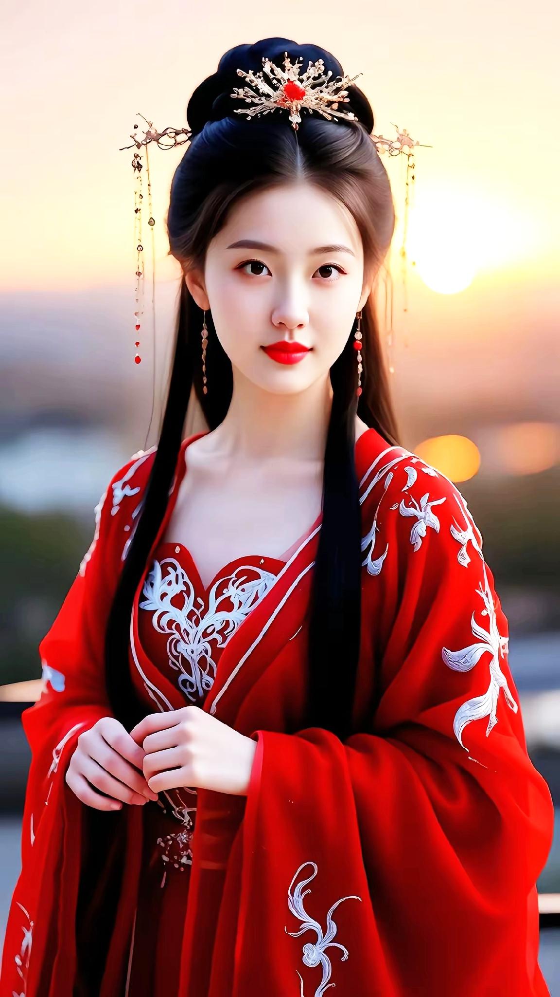 古风美人，红衣飘逸，发髻精致，红唇微启，韵味十足。