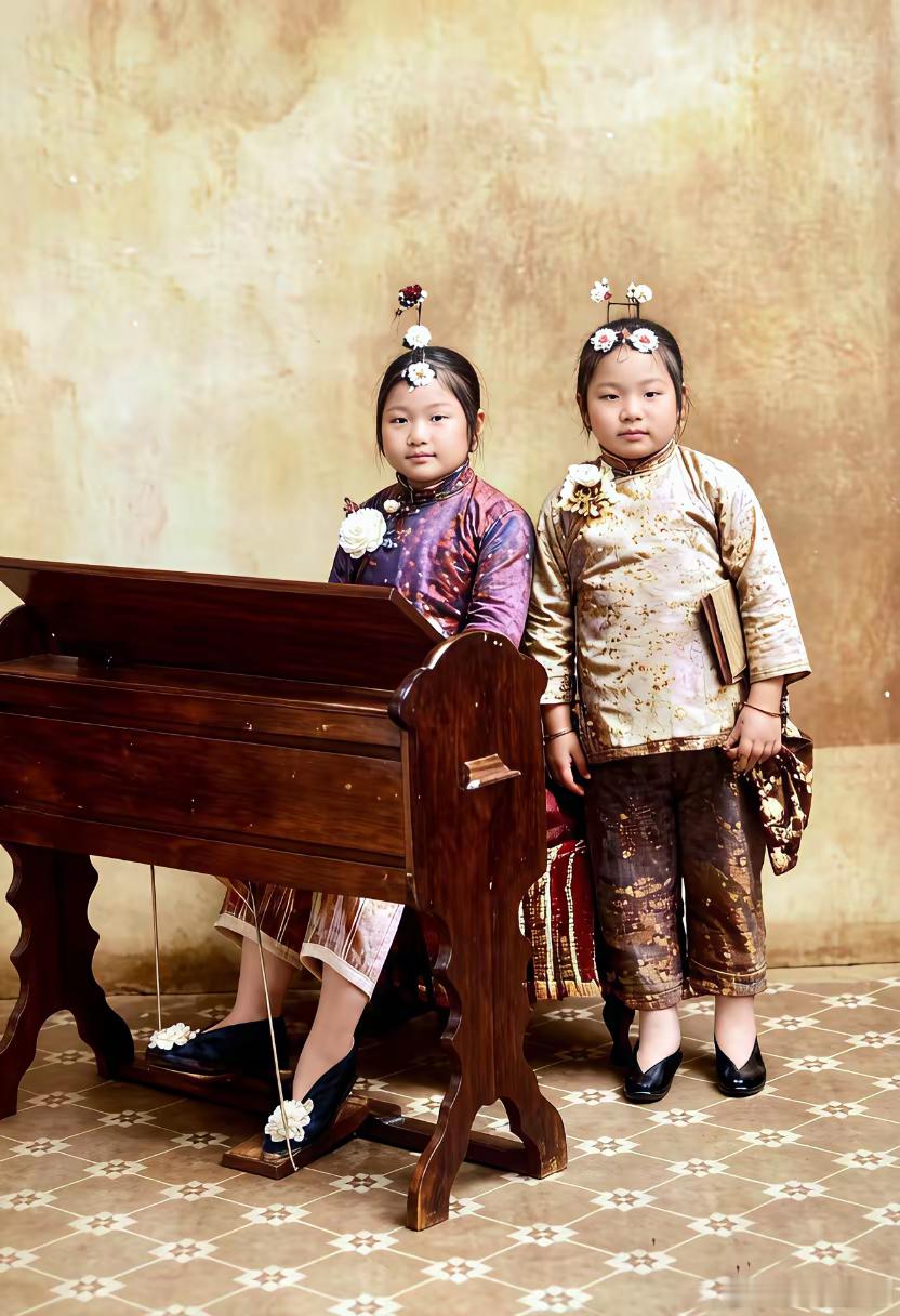1913年，上海。脚踏琴边的一对孪生小姐妹。此时的她们已经脱去了拖沓的长袍，换上