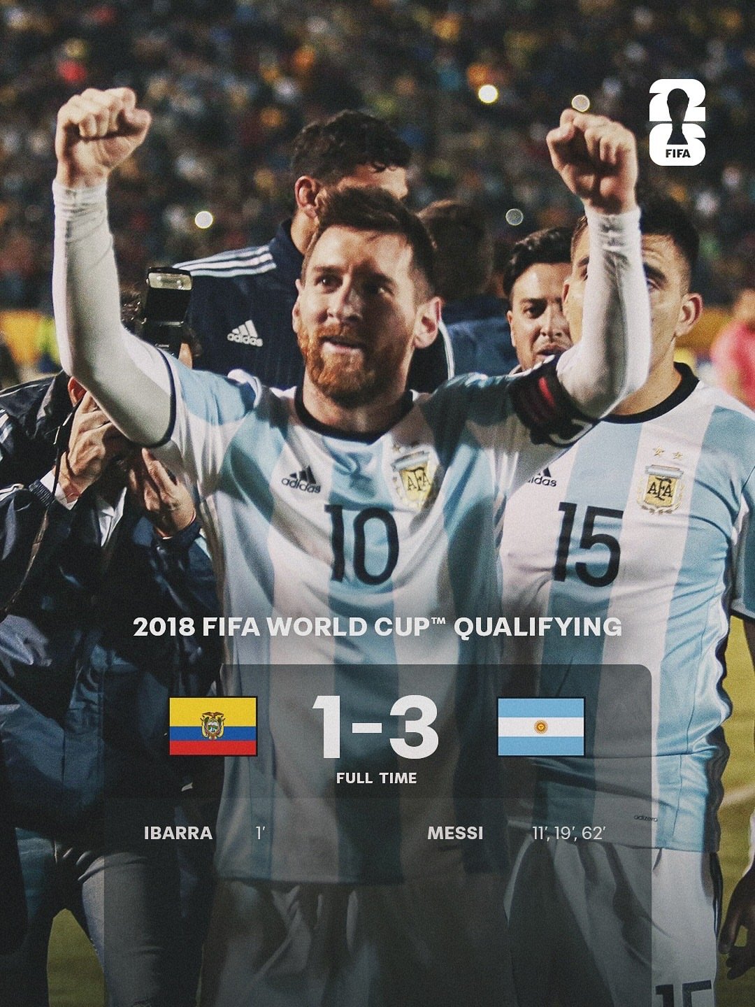 世界杯官方ins：当梅西的帽子戏法确保阿根廷队在2018年世界杯上占据一席之地时