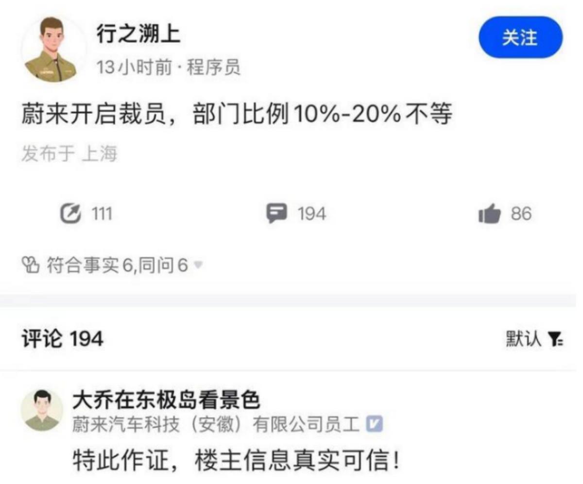 蔚来确定裁员10%！“蔚小理”中销量垫底，李斌也卷不动了？
蔚来确认将裁员10%