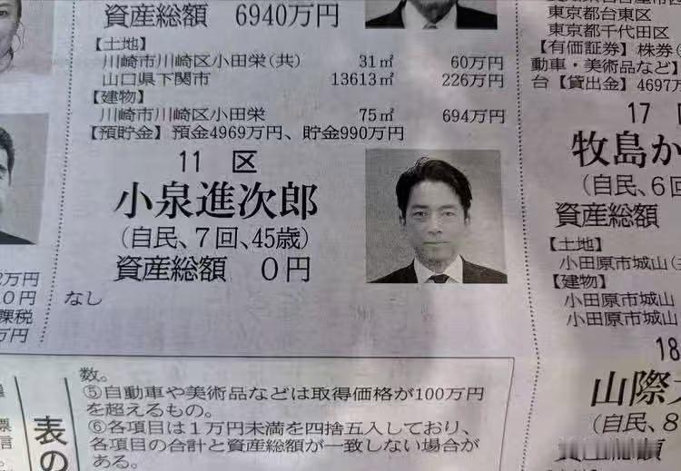 关于小泉进次郎名下财产为零这事，在众议院并不少见。当然，小泉的辩解很符合“八嘎大