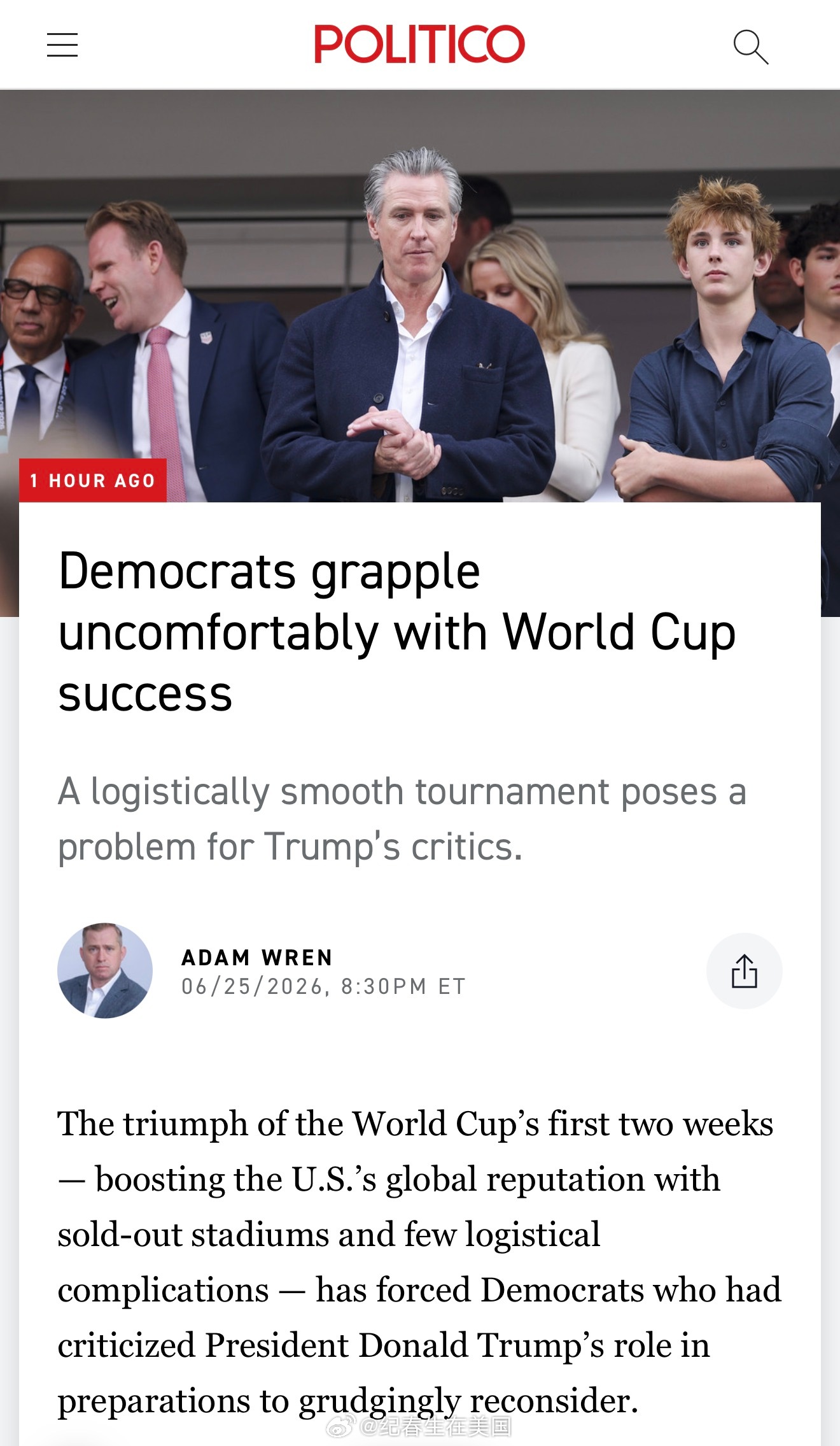 世界杯开赛前两周在美国举办得相当成功，球场爆满、后勤顺利，也改善了美国的国际形象