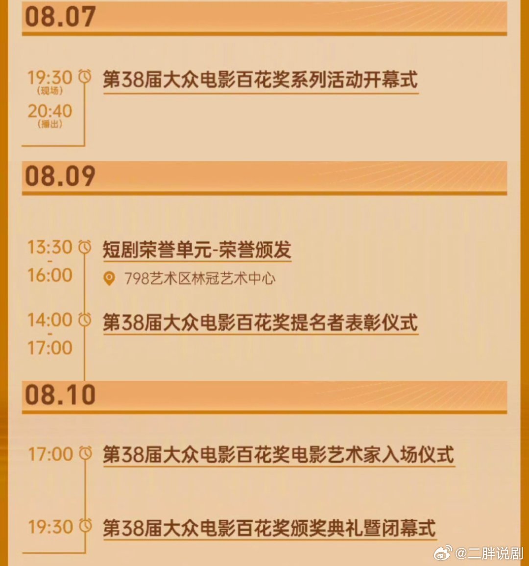 百花奖活动日程8.7开幕式8.9提名者表彰仪式8.10颁奖典礼 