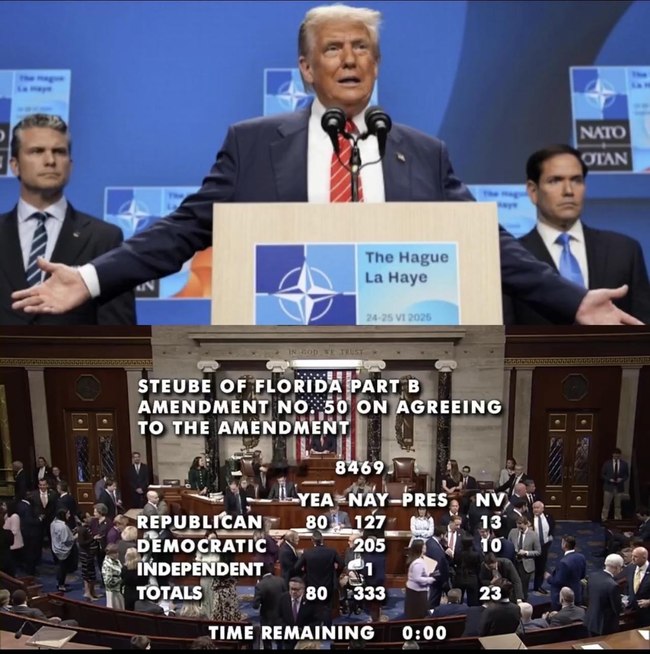美国众议院以333-80票的投票结果否决由共和党人提出的削减北约资金（金额高达近