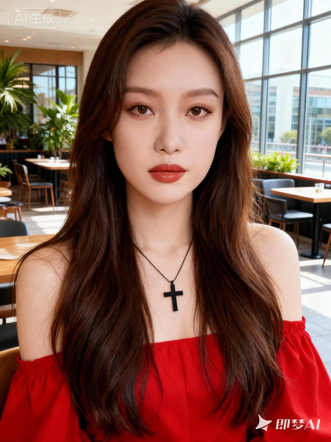 优雅红衣少女，简约十字项链，咖啡馆里的静谧时光。