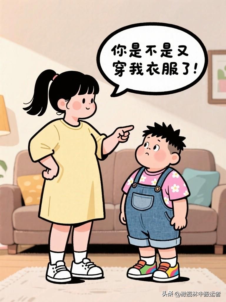 趣味漫画：姐姐：你是不是又穿我衣服了？弟弟：没有啊！姐姐：那你身上这件是谁的？弟