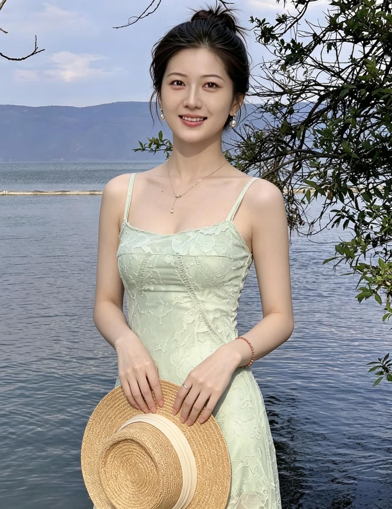 一湖烟色映晴空，翠影罗裙衬玉容。
纤手轻扶草帽立，嫣然一笑醉春风。