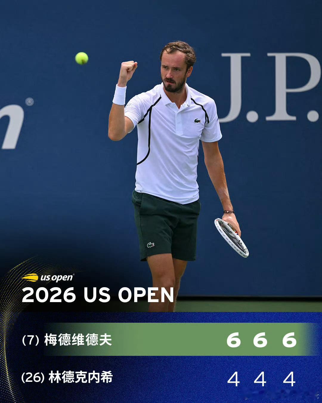 梅德维德夫晋级16强梅德维德夫进入第四轮 美网2026男单第三轮，7号种子梅德维