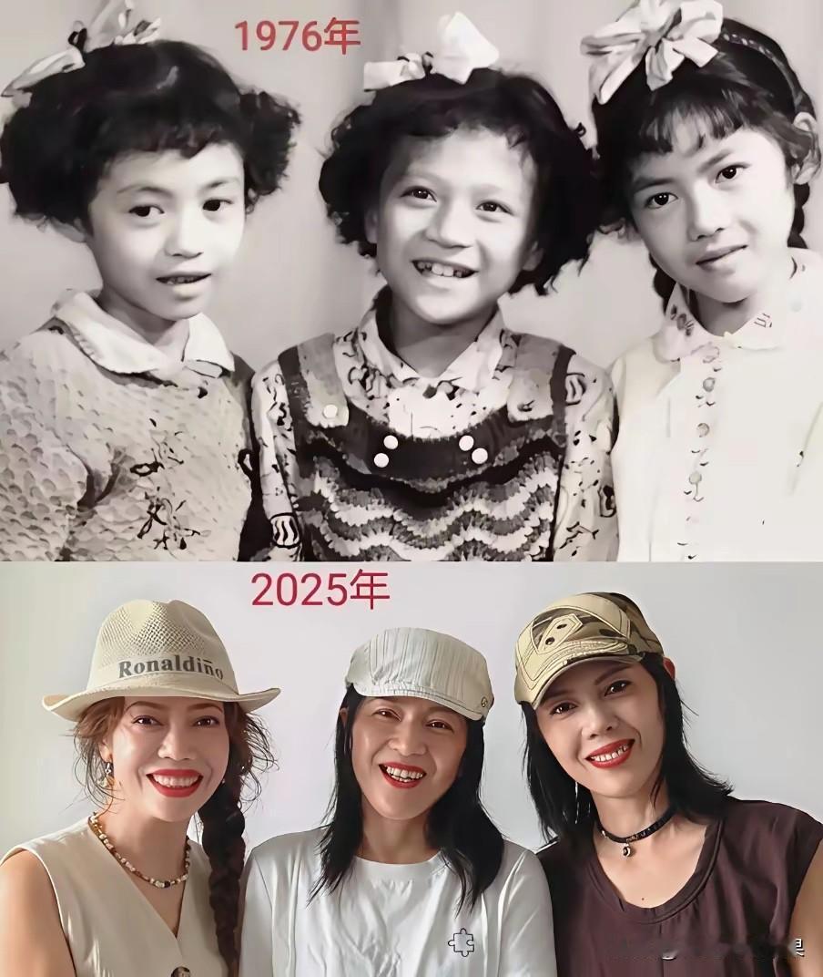 同样三个女孩子，相隔49年再次合照。

不得不说，曾经的黄花大闺女，现在都变成了