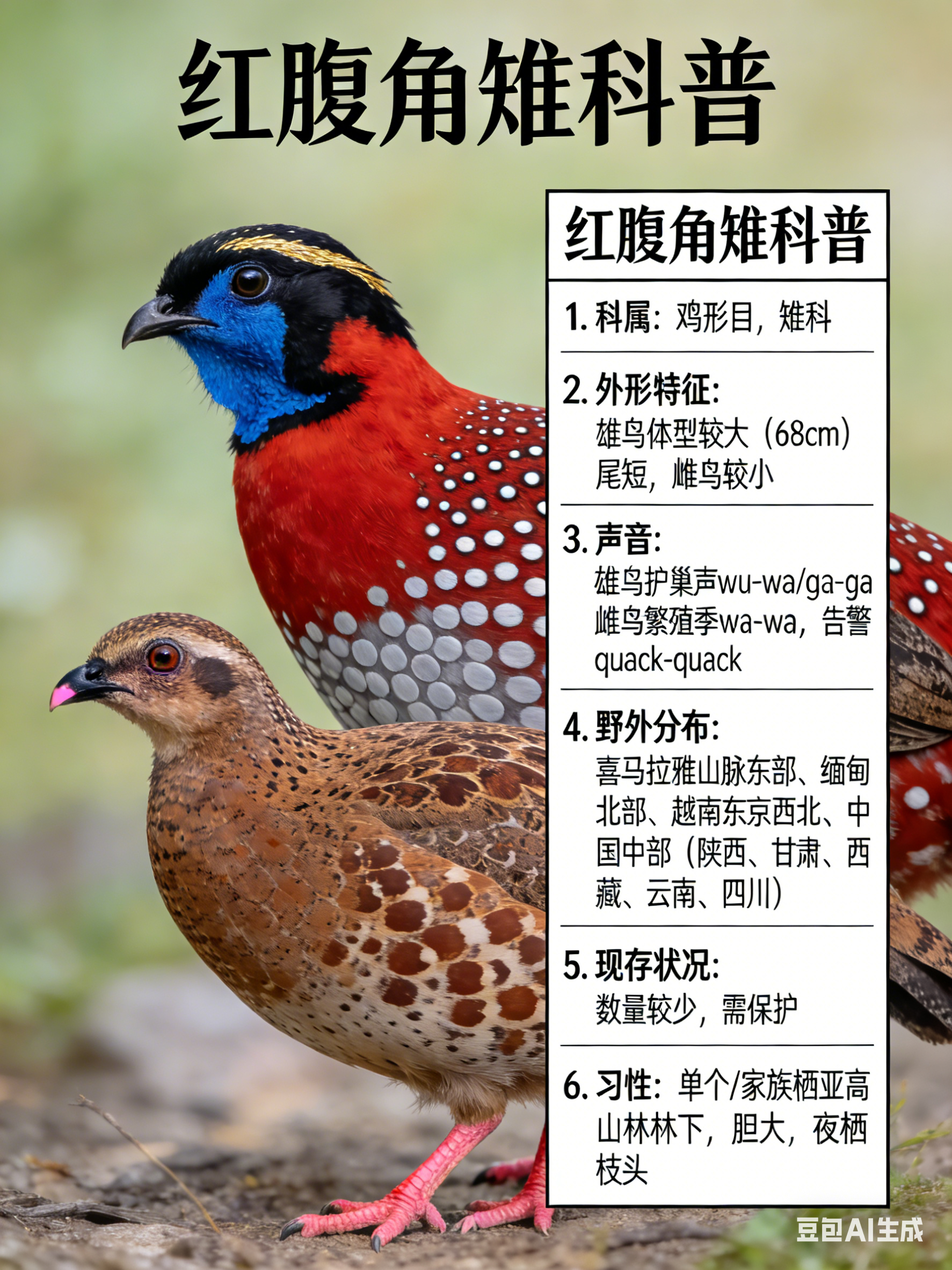 鸟类朋友图鉴 红腹角雉·科属：鸡形目，雉科。·外形特征：体型较大（68cm）而尾