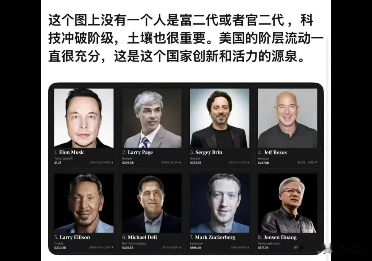 下图上没有一个人是富二代或者官二代，科技冲破阶级，土壤也很重要。美国的阶层流动一