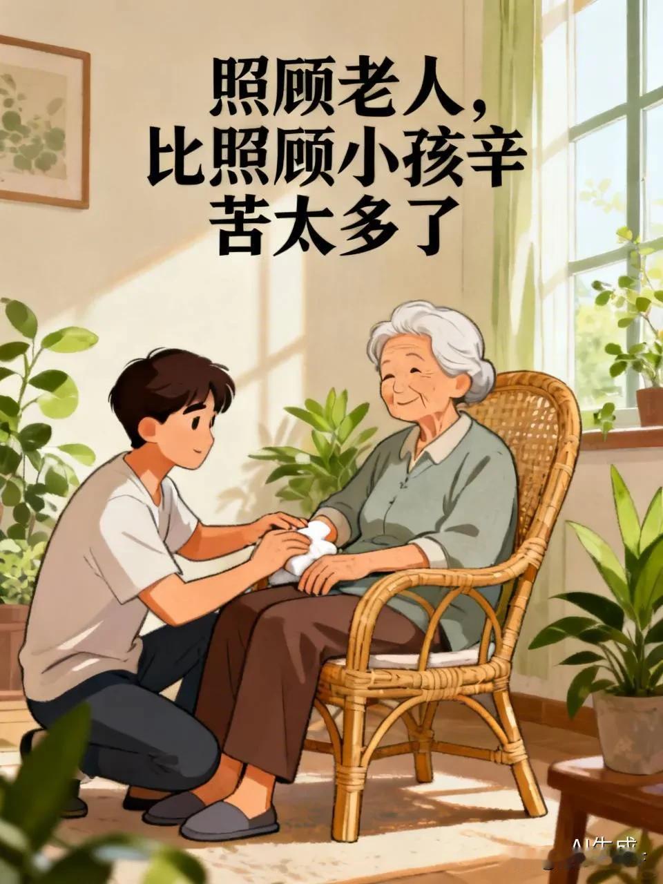 照顾老人，比照顾小孩辛苦太多了。

带孩子，你是看得见希望的，孩子一天天长大、越