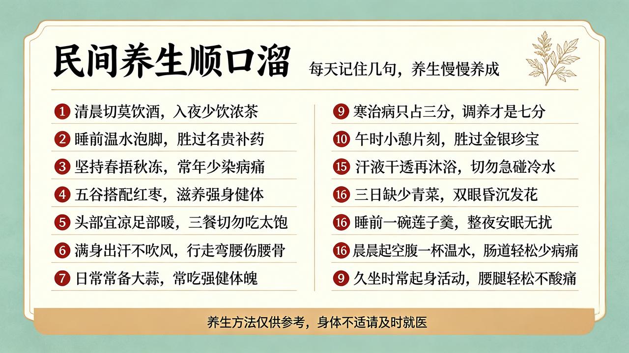 民间养生顺口溜
①清晨切莫饮酒，入夜少饮浓茶！
②睡前温水泡脚，胜过名贵补药！