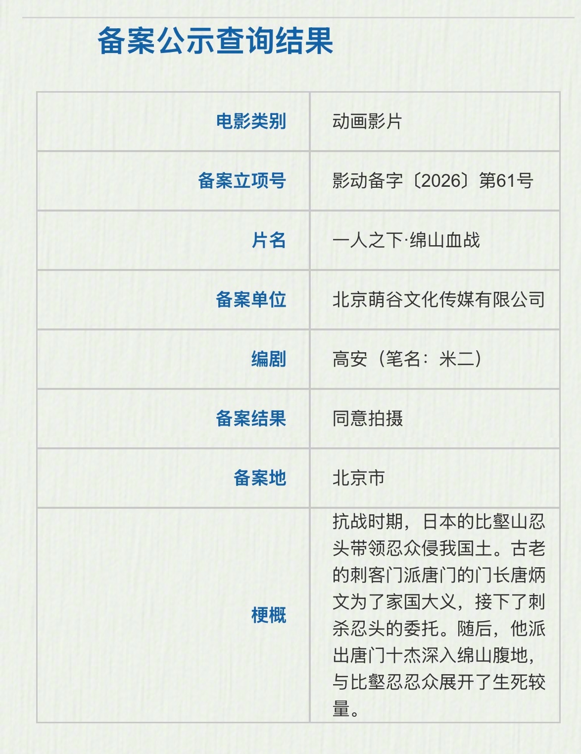 一人之下动画电影立项据国家电影局关于2026年3月下全国电影剧本（梗概）备案、立
