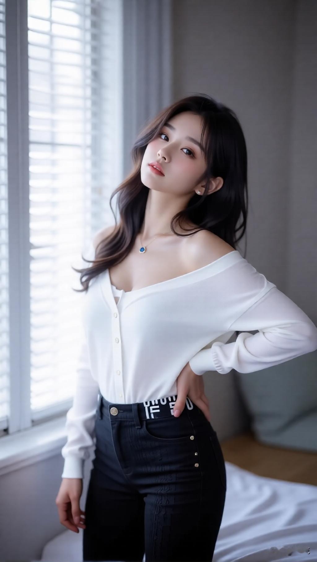 温柔白衬衫搭配黑色牛仔裤，简约又时尚！