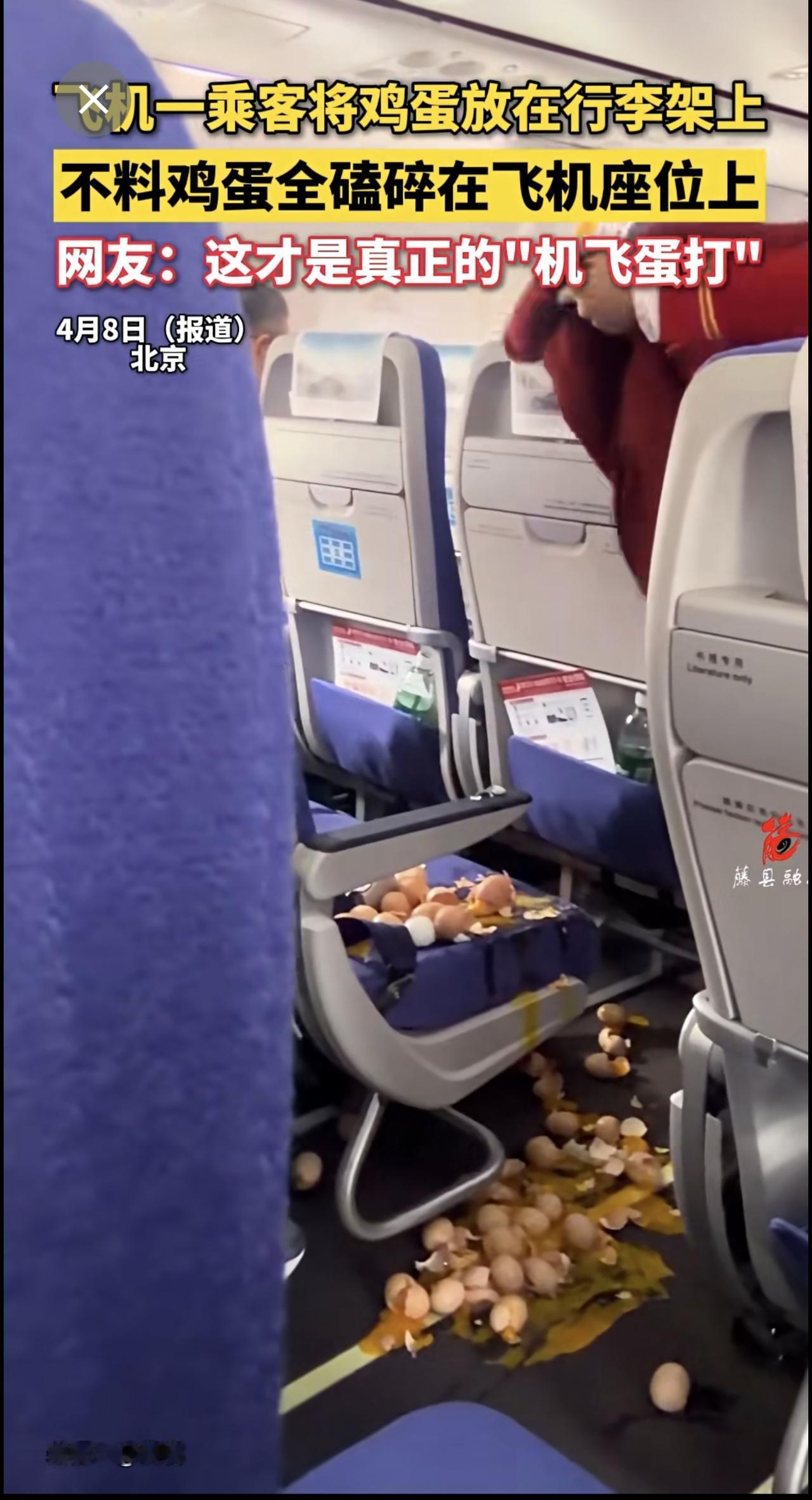 飞机一乘客将鸡蛋放在行李架上，不料鸡蛋全磕碎在飞机座位上，网友：这才是真正的"机