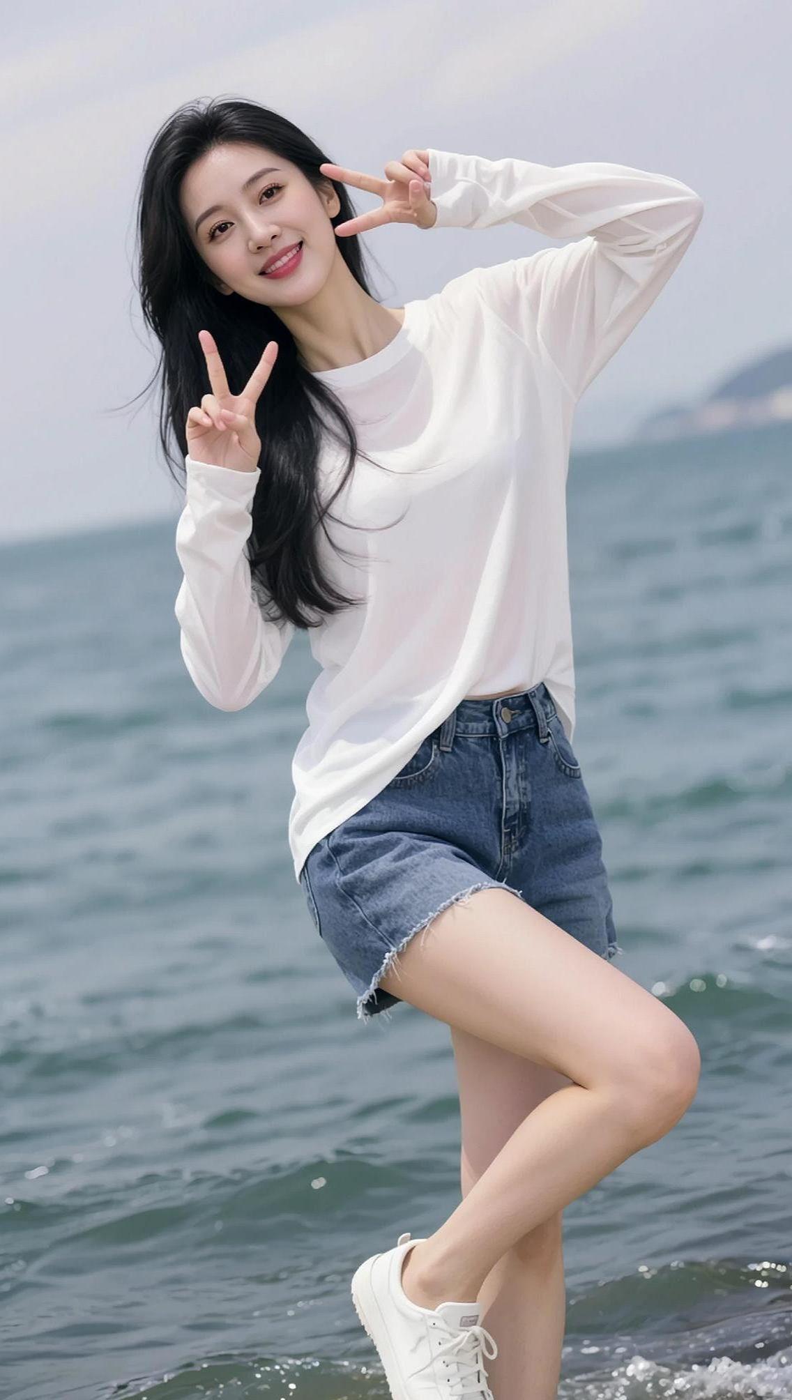 AI海滨清新照 抖音ai创作 AI扩图 颜值在线 女生拍照姿势