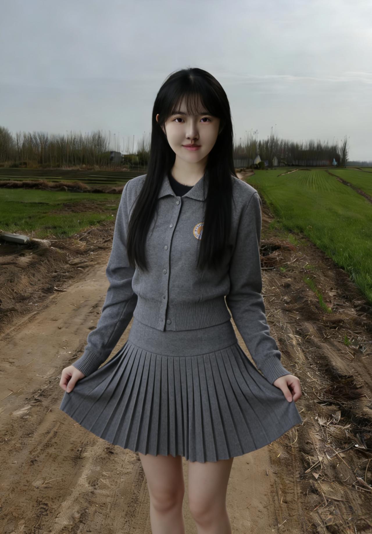 灰色的校服裙，还留着青涩的余温
她站在田野，与远处的围墙遥遥相望
长发不再是扎成