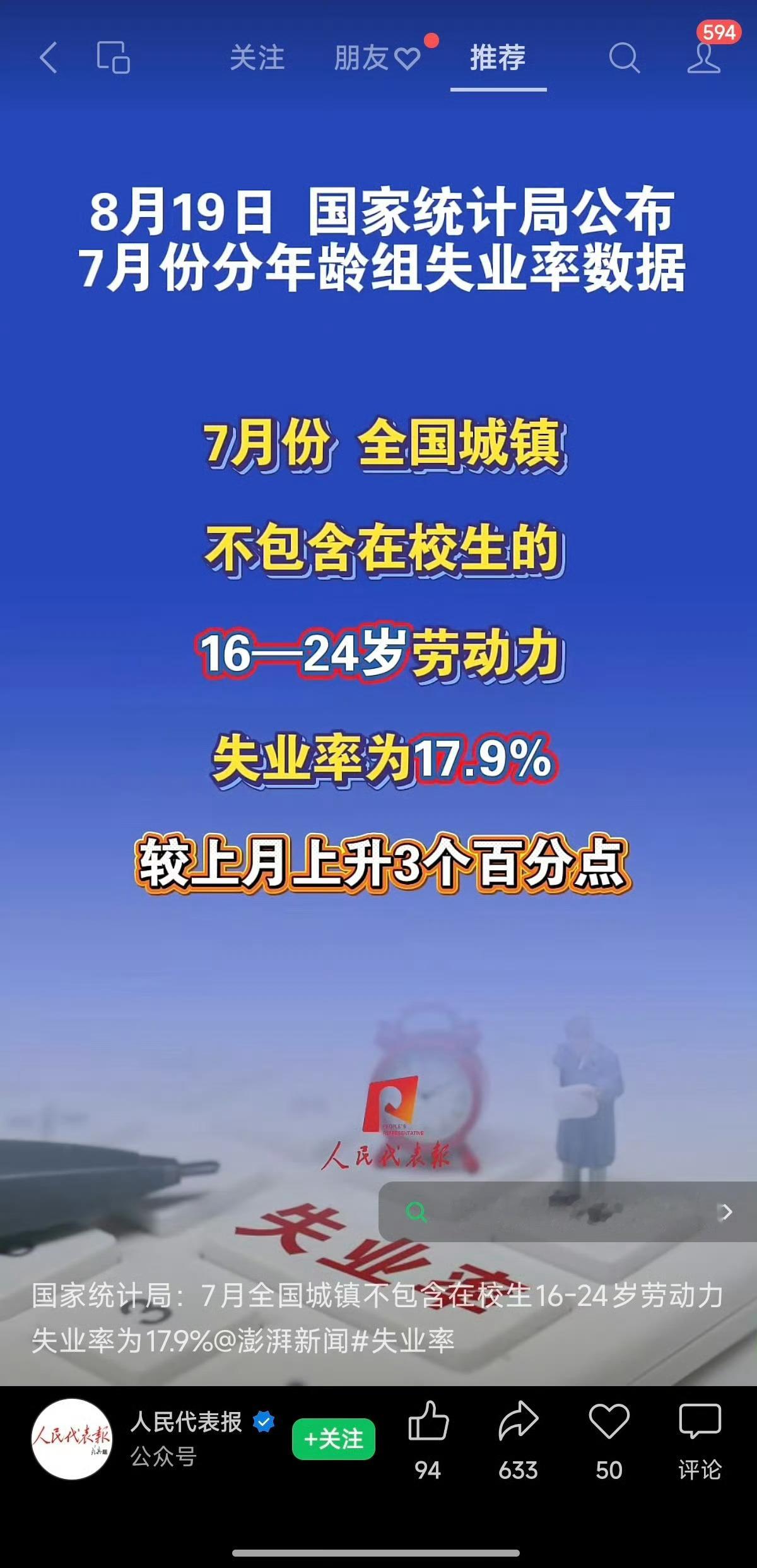 国家统计局：7月全国城镇不包含在校生16-24岁劳动力失业率为17.9% 