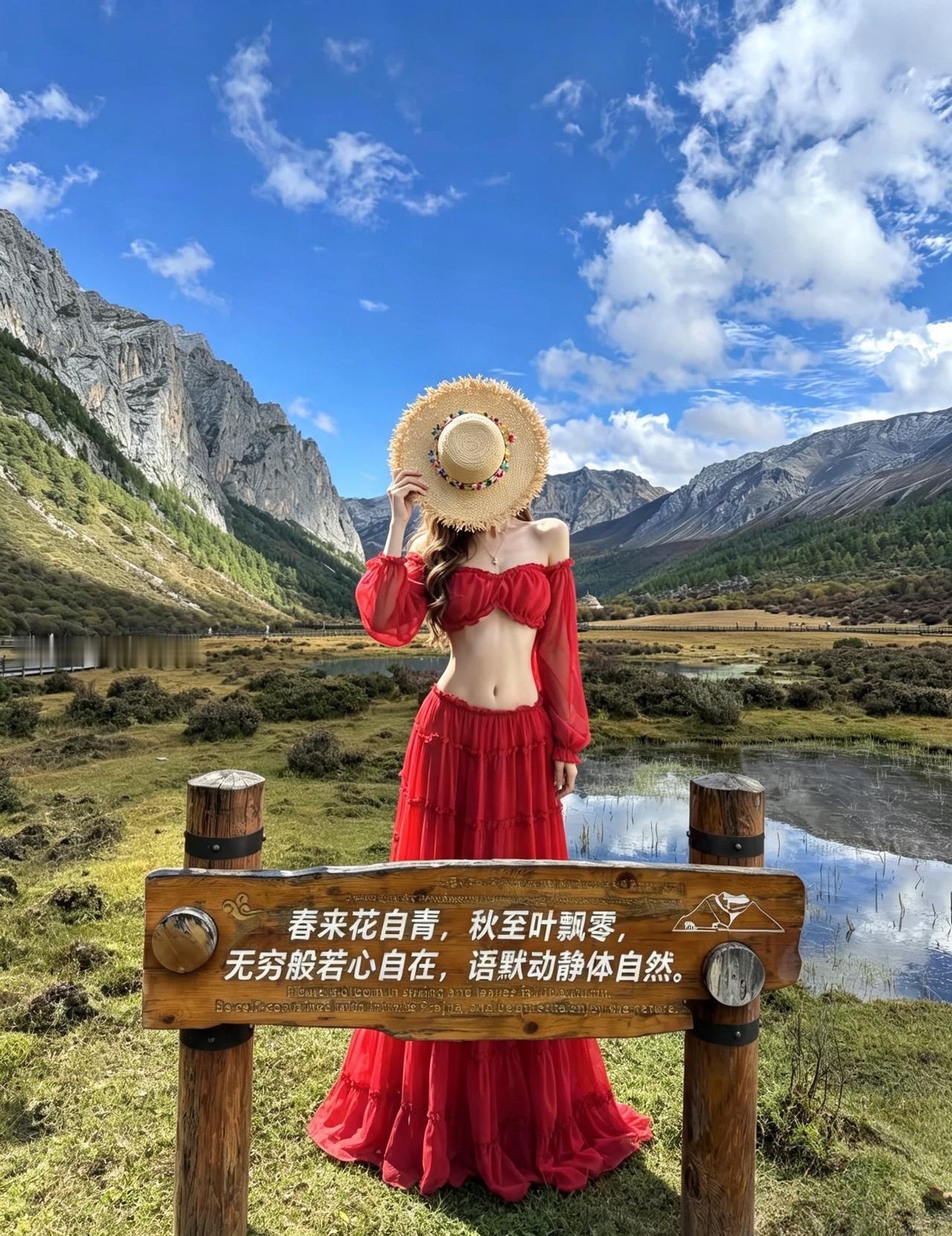 自然与信仰共生的秘境 红裙与山川的邂逅 治愈系氛围感拉满
