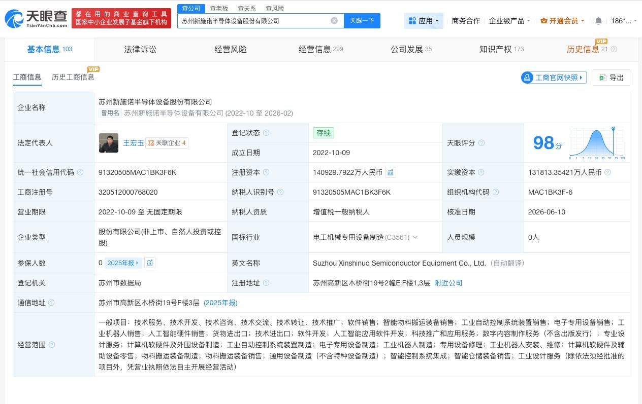 新施诺半导体增资至14.1亿
天眼查App显示，近日，苏州新施诺半导体设备股份有