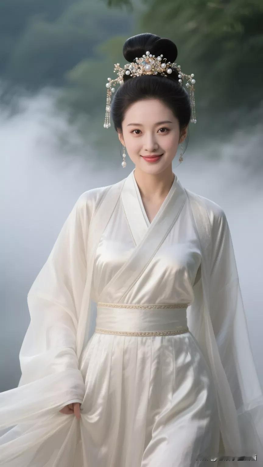 穿越时空的古典美人，白衣飘飘，宛如仙子降临。张立启原创书画AI作品古仕女发髻服饰