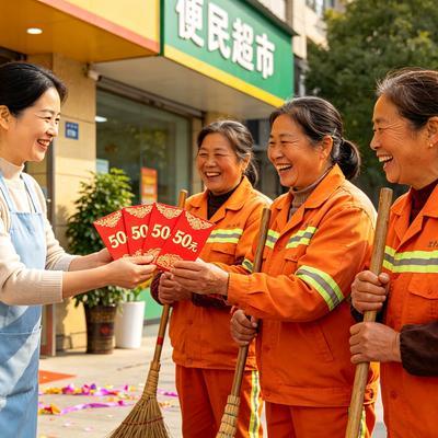 江苏一新店开张，满地碎红，环卫阿姨正忙着清扫，没成想，老板娘给她们4人每人发了个