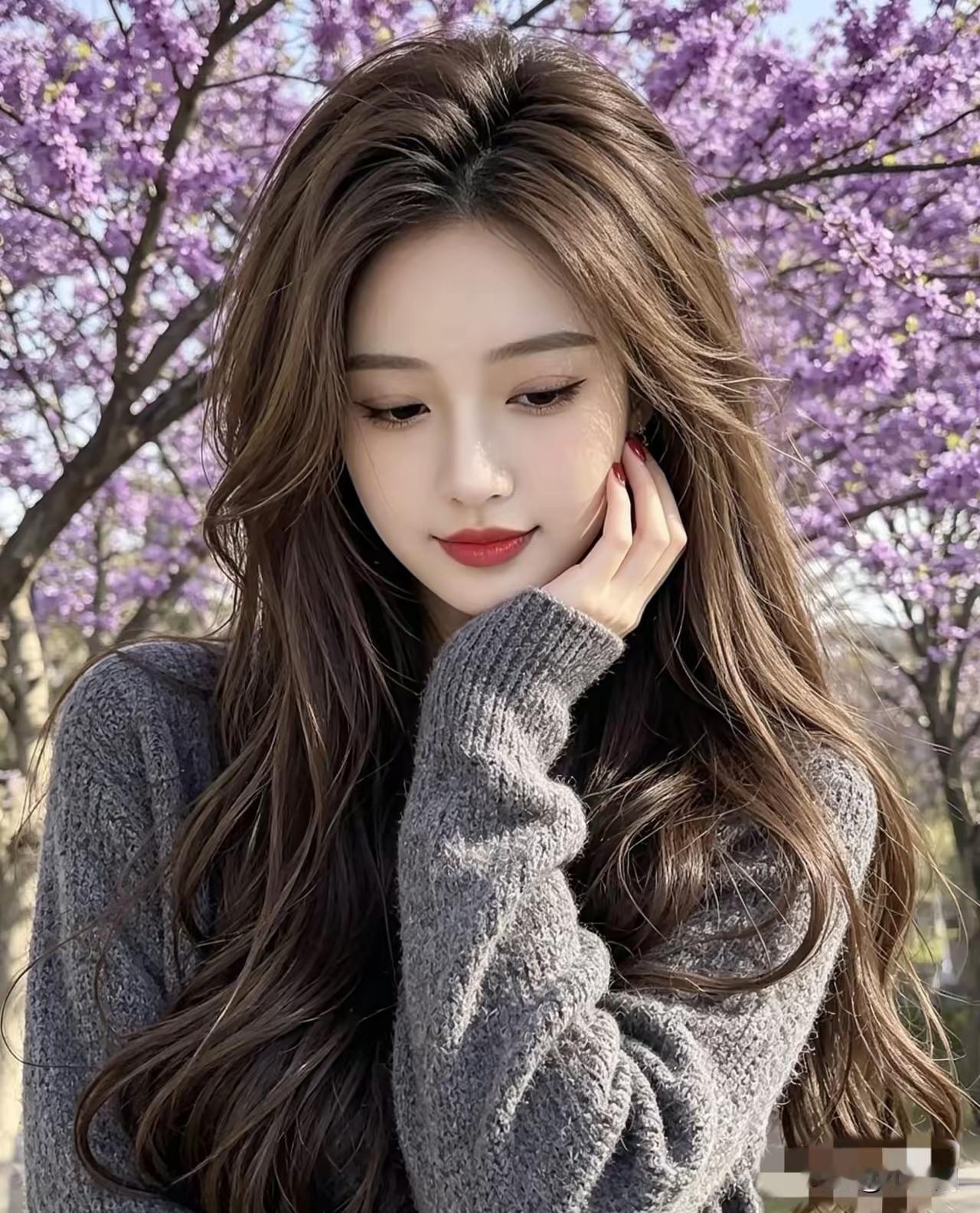 樱花树下，温柔少女，红唇轻启，春日浪漫