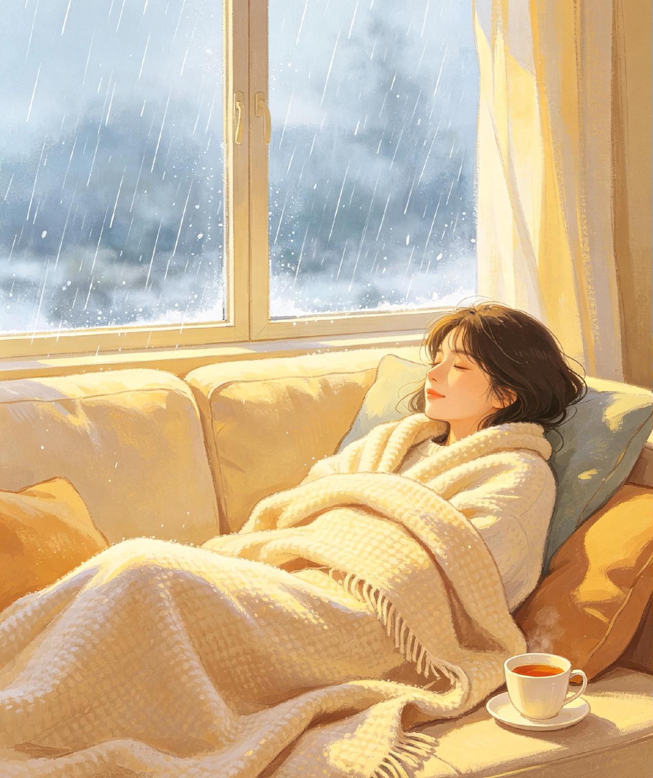 窗外下起绵绵小雨，雨声淅淅沥沥格外安心。窝在沙发裹上毛毯，煮一壶热茶，翻看搁置许