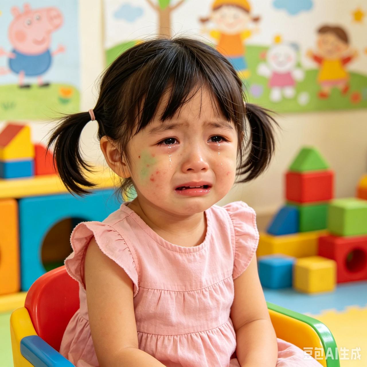 在幼儿园，我家小孩下完象棋，把小凳子双手推回原位时，不小心摔倒，脸着地，把脸摔青